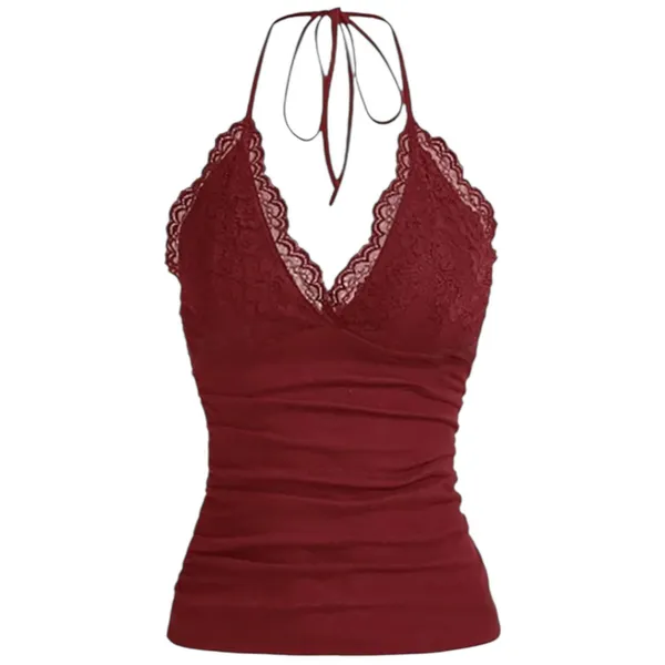 Romwe Whimsigoth Y2K Size S Top Contrast Lace Ruched Tie Back V-Neck Top Vest Red - Image 3