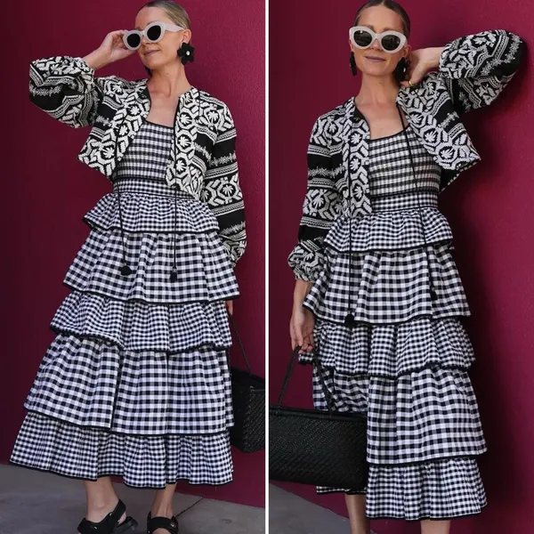 Hunter Bell Andrea Dress Black White Gingham Tiered Midi Size 6 NWT - Image 8