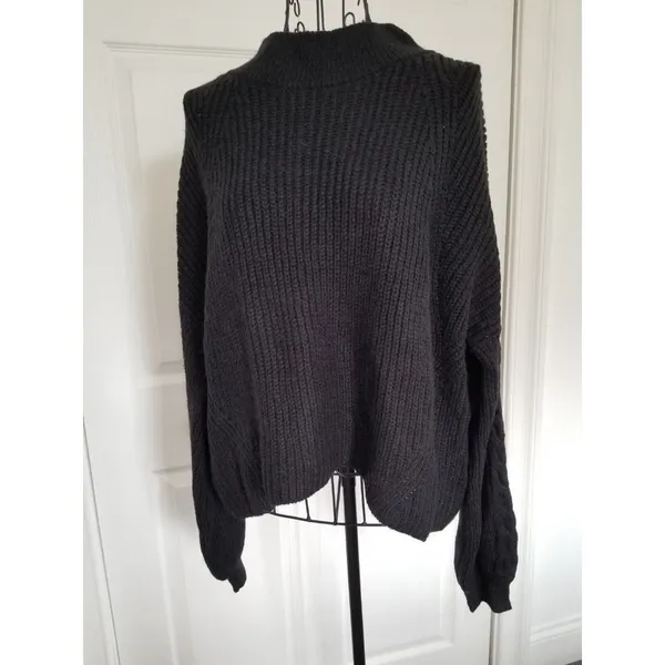 BP Black Chunky Knit Cropped Long Sleeve Oversized Sweater Mock Neck Womens Sz L - Image 2