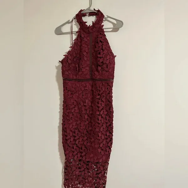 Bardot Gemma Leaf embroidered burgundy dress halter top x Revolve - Image 2
