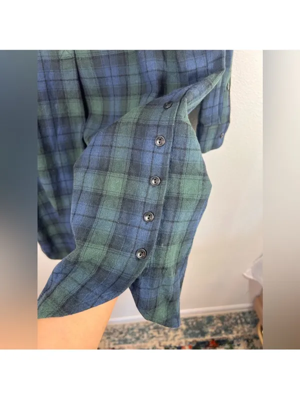 Madewell Navy and Green Plaid Flannel Mini Shirt Dress - Image 6