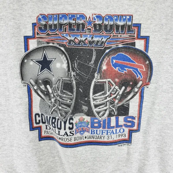 Tultex Vintage Buffalo Bills Dallas Cowboys Super Bowl Crew Neck Sz XL Gray 1993 Helmet - Image 2