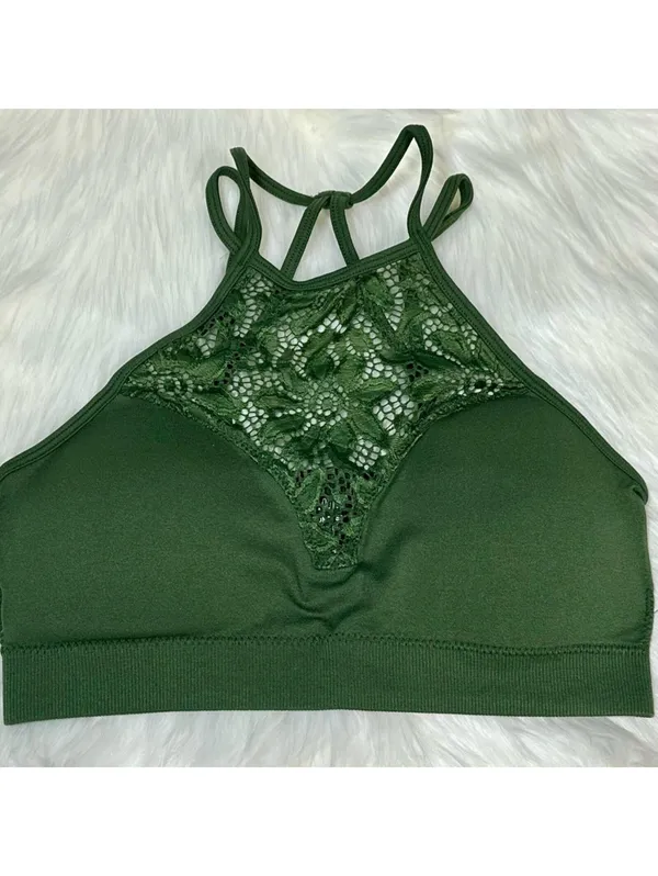 Zenana Outfitters Lace High Neck Bralette Crop Top Olive Green L XL - Image 2