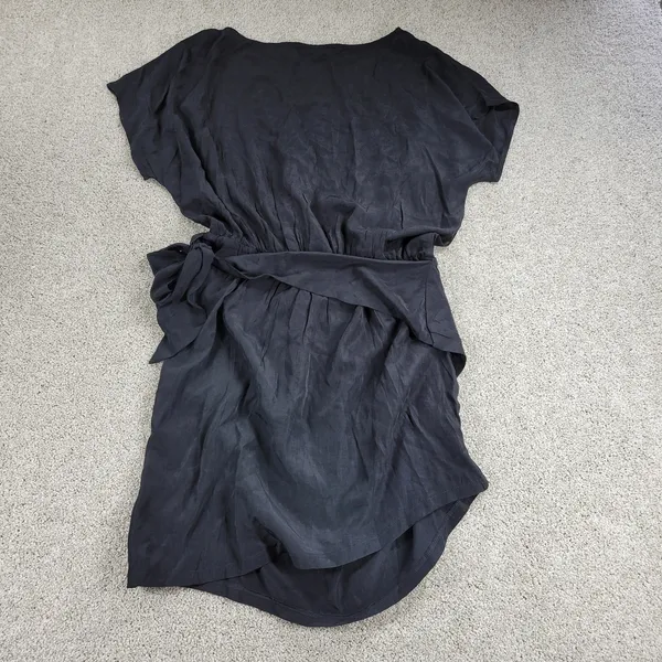 Yoins Womens Wrap Dress Large Black Tie Crewneck Short Sleeve Ruched Mini NEW - Image 3