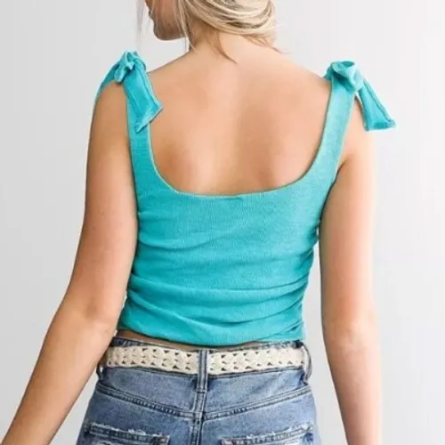 Free People Crop Top Womens Small Mint‎ Green Tie Shoulder Ruched Ribbed Boho - Image 4