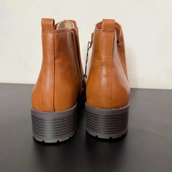 Cognac Brown Ankle Boots Womens 12 Lug‎ Sole Faux Leather Low Block Heel Zip - Image 7