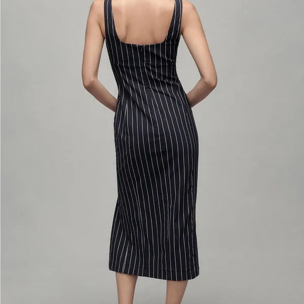 By Anthropologie Pinstripe Midi Dress Size M Navy Square Neck Side Slit - Image 2