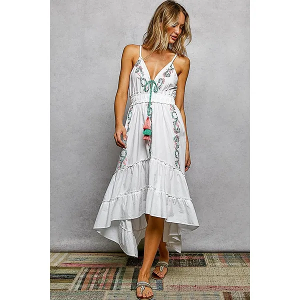 POL Embroidered Detail Tassel Tie Smocked Waist Midi‎ Tiered Cami Dress - Medium - Image 3
