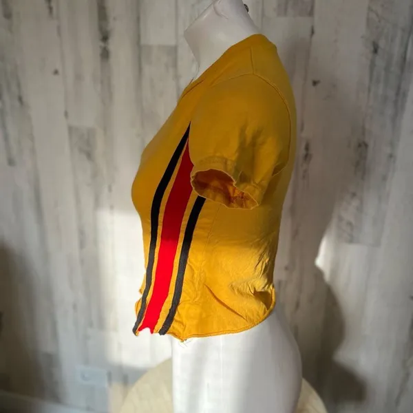 On Fire Mustard Yellow Crop Top Womens Small Side Racing Stripes Retro Crew Neck - Image 2