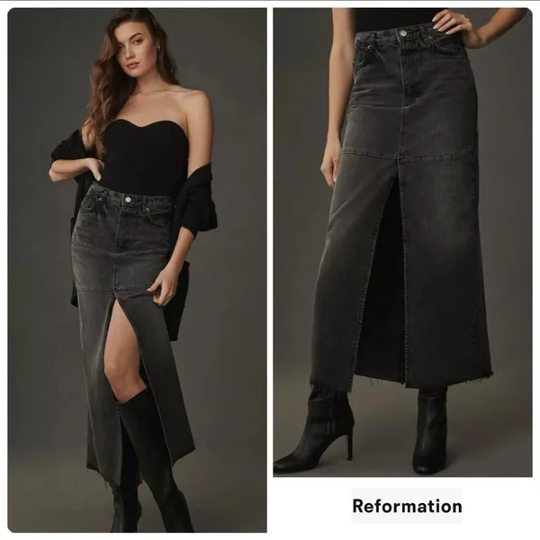 Reformation Jeans Tazz Maxi Denim Distressed Skirt Gray Black Size 26 NWOT - Image 2