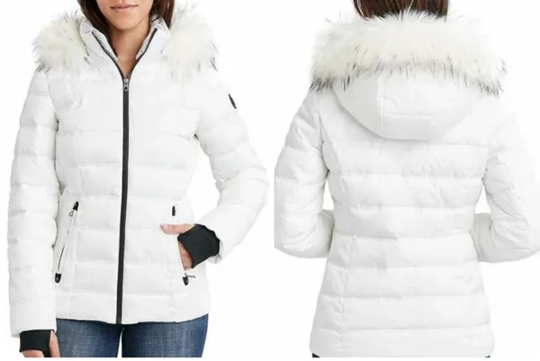 Nautica White Puffer Jacket Faux Fur Hood Quilted Winter Coat Size Small - Image 2