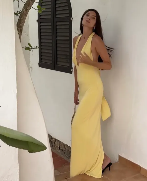 Zara Butter Yellow Halter Maxi Dress with Plunging Neckline Scarf Wedding Party - Image 4