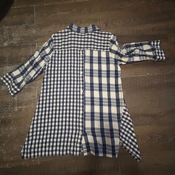 Soft Surroundings Navy Blue Mixed Plaid Asymmetrical Button Front Tunic Large - Image 7