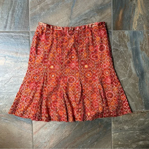 Etcetera Orange Silk Pattern A-Line Skirt Women’s Size 12 - Image 7