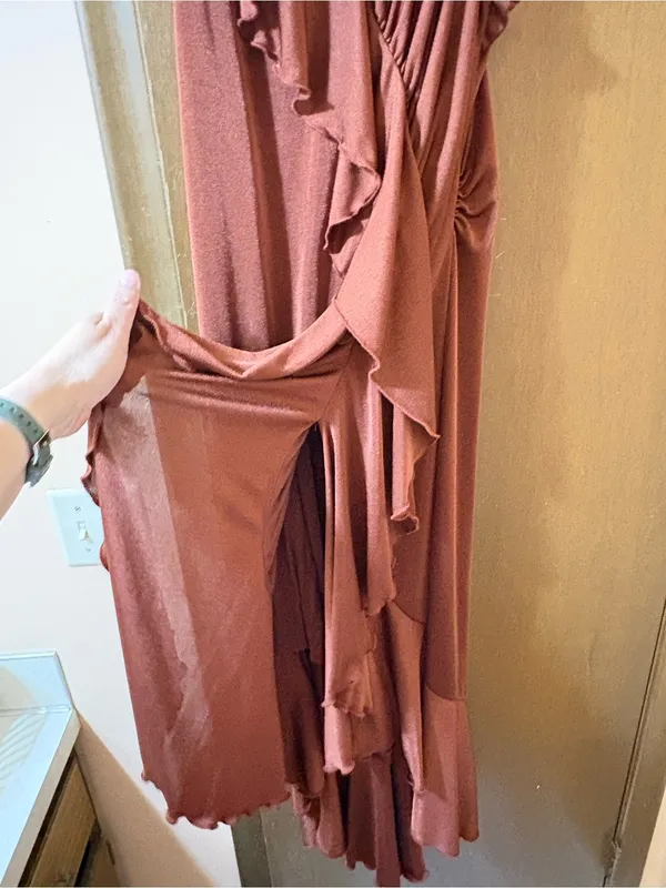 Anthropologie One-Shoulder Ruffled High-Low Midi Dress in Brown - Image 7
