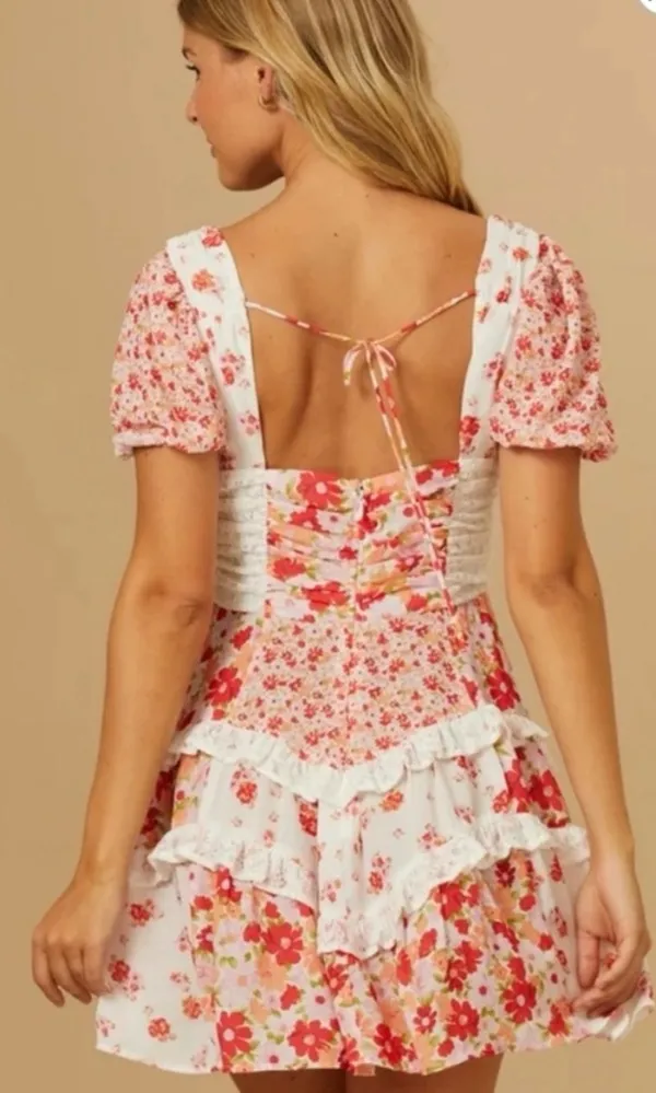 Altar'd State Red & White Multi Floral Ruffle Tiered Mini Dress - Image 3