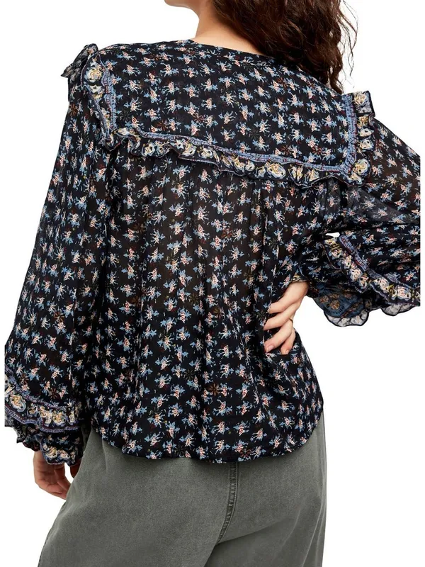 Free People Jenna Top Printed Long Sleeve Blouse Size Small Black Blue White - Image 3