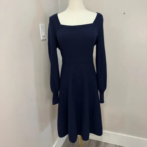Boden‎ Navy Blue Square Neck Wool Alpaca Blend Knit Midi Dress US 8R - Image 3