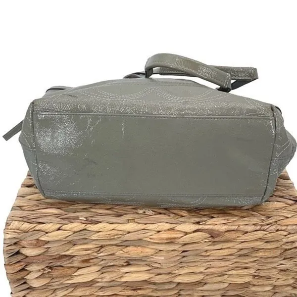 Coach Womens Gross Grain Patent Leather Stitch Tote Shoulder Bag Green Gray Medi - Image 4