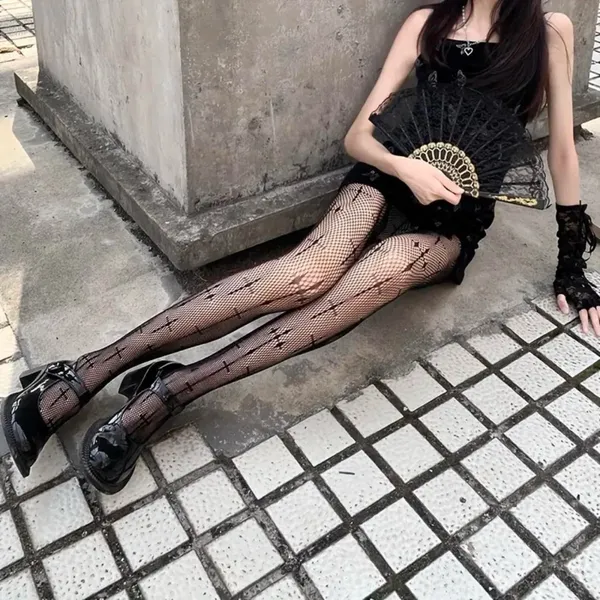 Cross Pattern Fishnet Tights, Hollow Out High Waist Mesh Pantyhose‎ One Size - Image 3