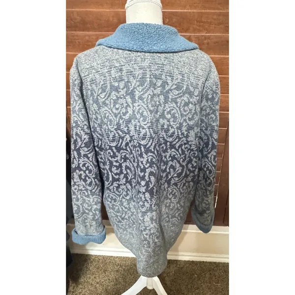 Mulberry Street Blue Damask Jacquard Sherpa Collar Knit Jacket Large - Image 5