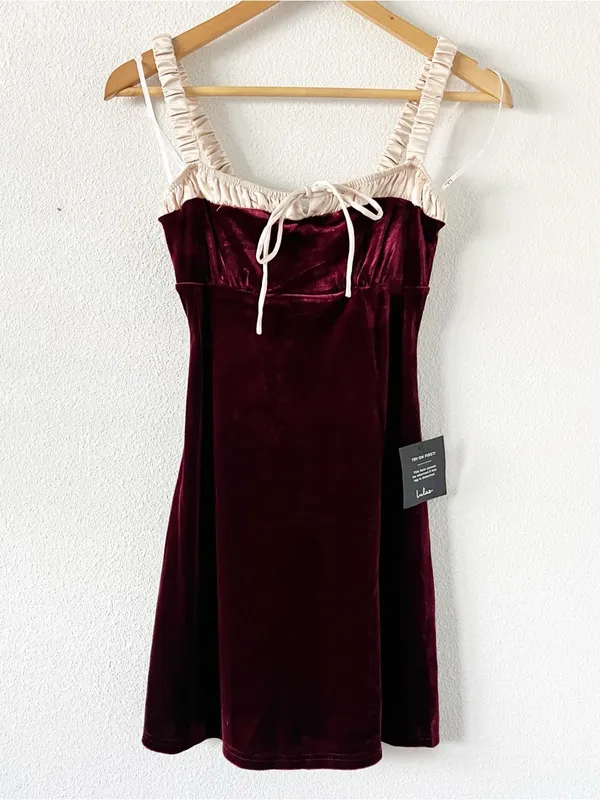 Lulu’s Charmed Appeal Burgundy Velvet Satin Bow Mini Dress - Image 3