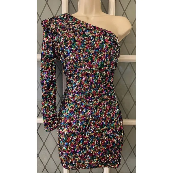 Women’s Sequin One Shoulder Cocktail Party Mini Dress Size XS Stretchy - Image 3
