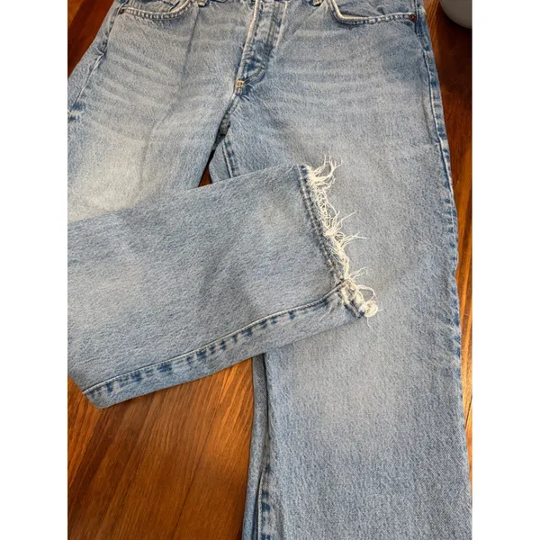 Zara Premium Denim Collection Light Wash Straight Leg Raw Hem Jeans Size 6 - Image 6