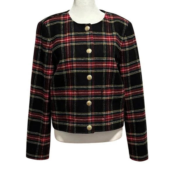 J. Crew Factory Size 8 Stewart Tartan Wool Blend Lady Jacket Cropped Preppy - Image 2