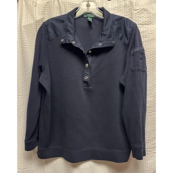 Lauren Ralph Lauren Women's 1X Deep Navy‎ Ribbed Collar Long Sleeve Snap Sweater - Image 2