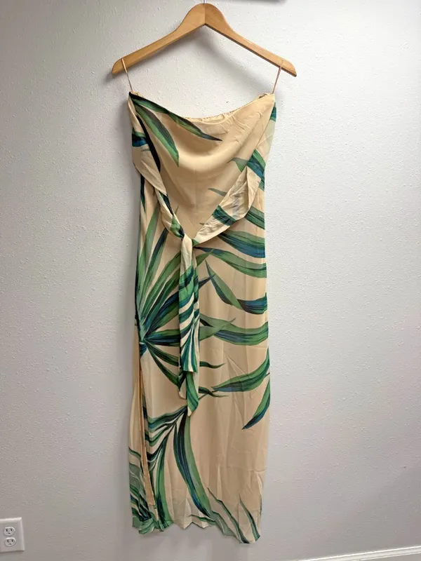 *NEW* Dress Forum Beige Palm Leaf Print Strapless Chiffon Maxi Dress - Image 4