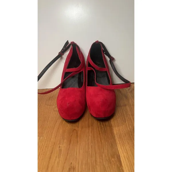 Mary Jane Platform Shoes Womens Size 7.5 Red Suede Ankle Strap Stiletto Pumps - Image 2