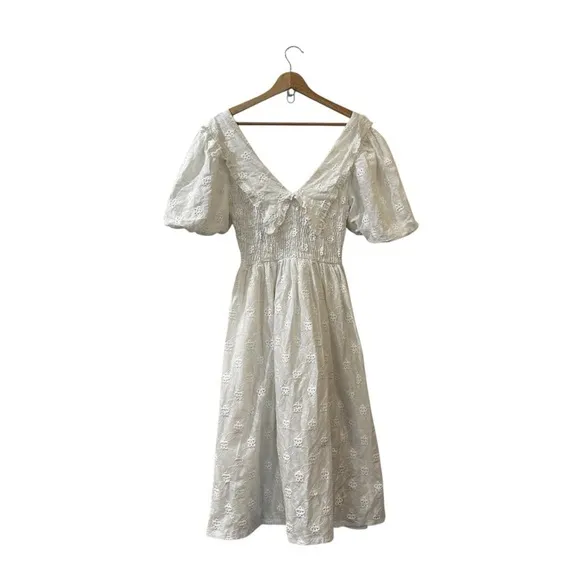 Zara White Embroidered Eyelet Lace Midi Dress‎ in Oyster White Size Small - Image 5