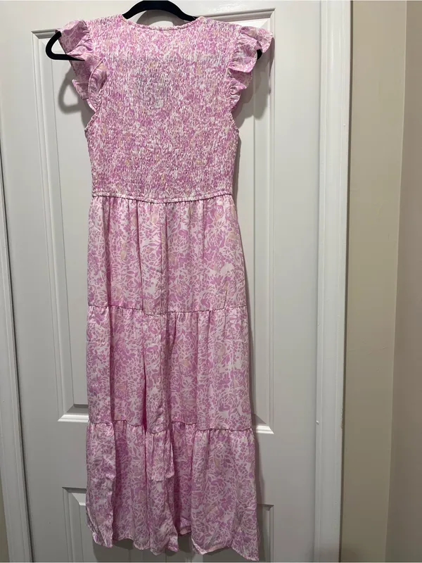 mittoshop Pink Floral Smocked Tiered midi-Maxi Dress with Ruffle Sleeves - Image 2
