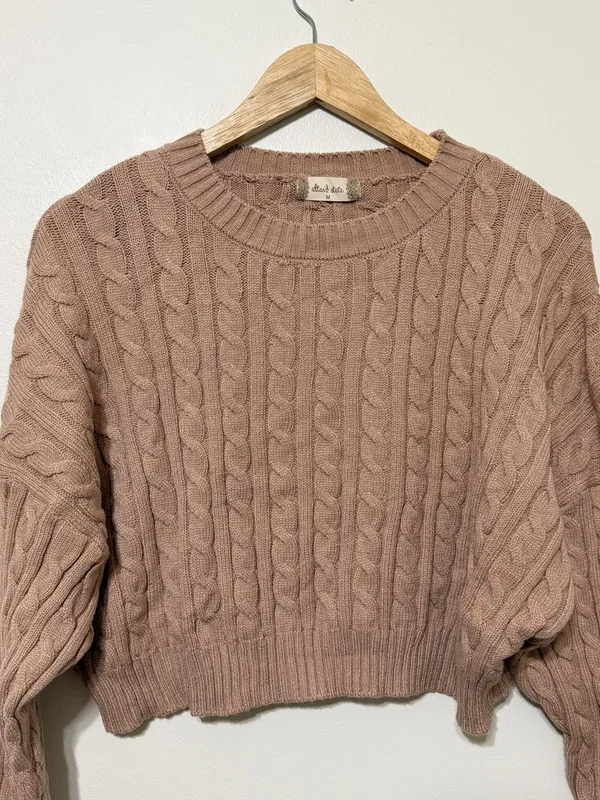Altar’d State Cable-knit cropped crew-neck sweater size medium tan brown - Image 3