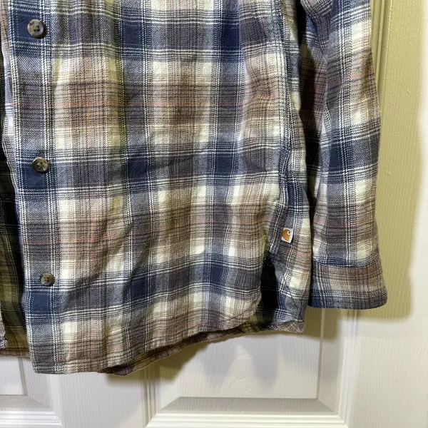 Carhartt Relaxed Fit Flannel Hooded Plaid Shirt Size Medium Blue Tan Button Down - Image 3