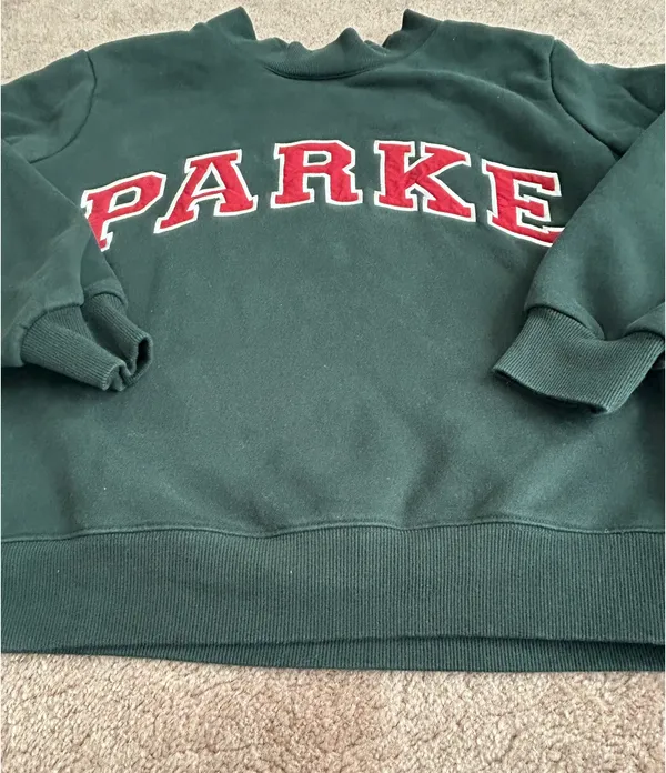 Parke Varsoty Mockneck Sweatshirt in Forest and Maroon - Image 3