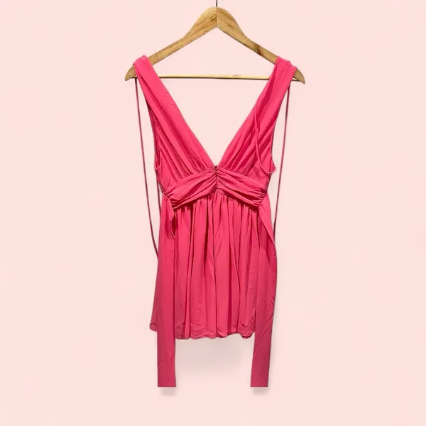 Cute bubblegum pink lucy in the sky babydoll flowy tie strings deep v top - Image 3