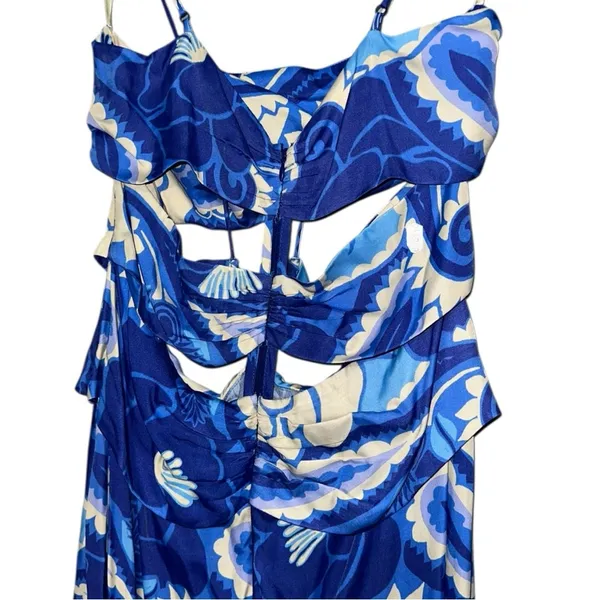 FARM Rio NWT Women’s Size L Blue White Tropical Groove Cutout Detail Midi Dress - Image 10