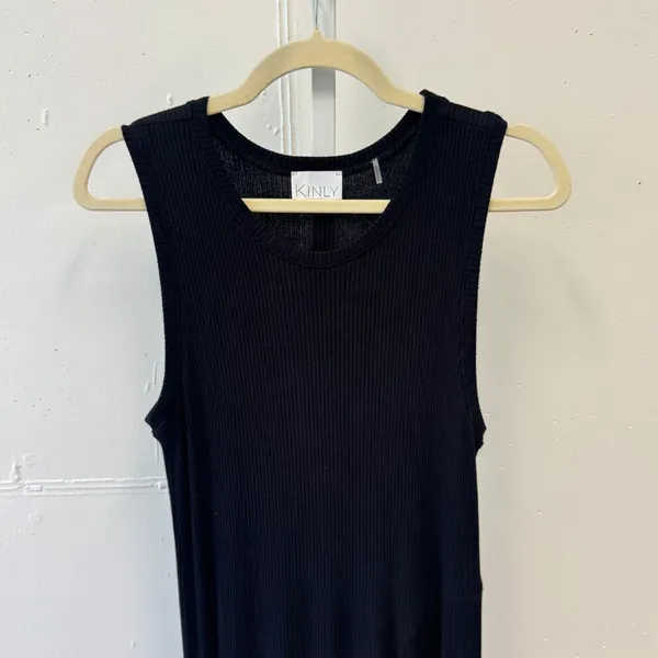 Kinly Black Ribbed Knit Sleeveless Asymmetrical Handkerchief Hem Maxi Dress XS/S - Image 3