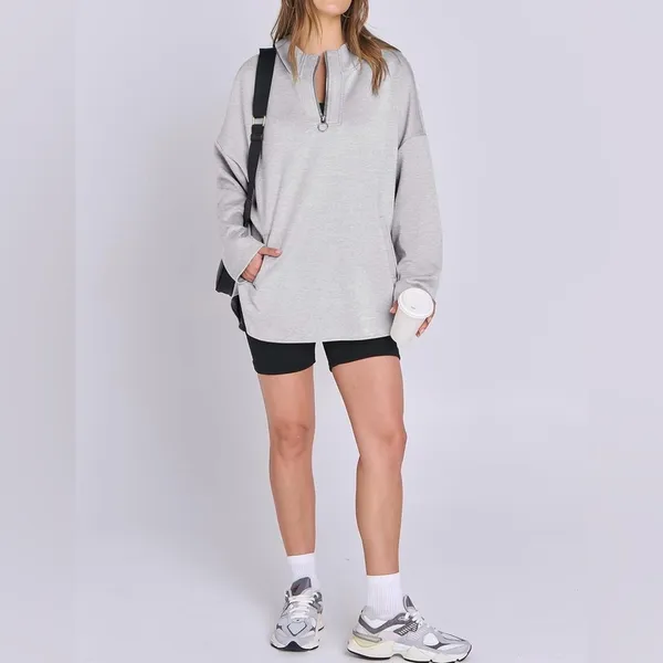 Gray oversized modern sporty chic simple travel hoodie 1/4 zipper pockets NWT M - Image 3