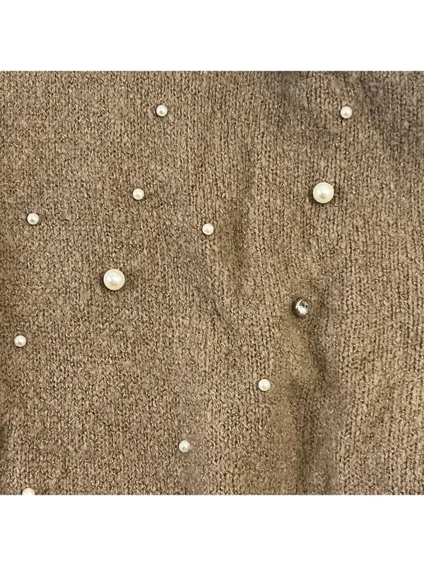Chico's Open Front Faux-Pearl Cardigan Sweater Size 1 Medium Wool Blend Brown - Image 9