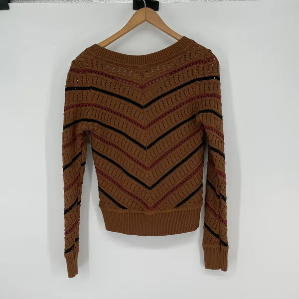 Evereve Brown Knit Chevron Stripe V‎ Neck Long Sleeve Sweater XS Cabin Cozy - Image 2