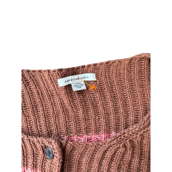American Eagle Cropped Henley Sweater Striped Knit Brown Pink‎ Womens S - Image 3