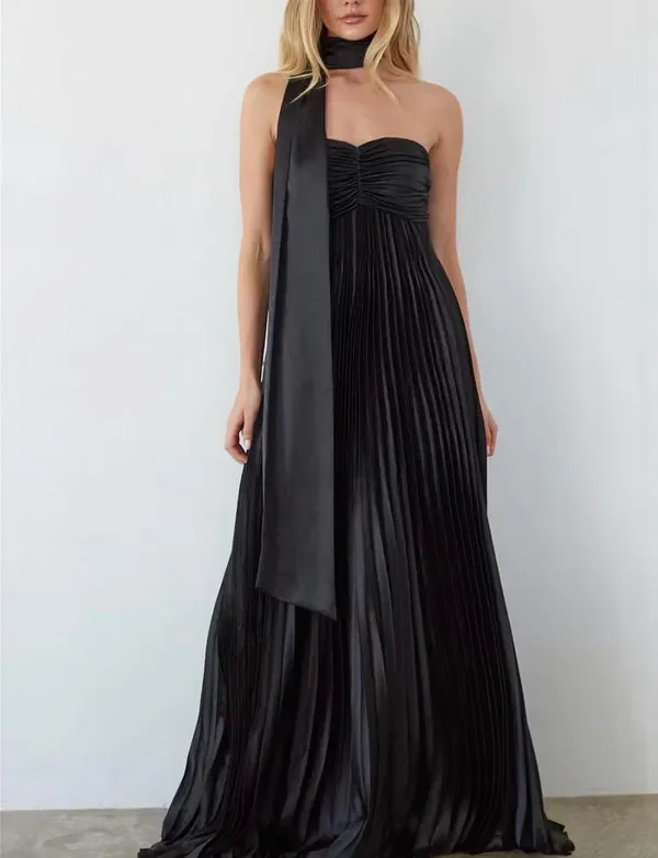 Black Pleated Formal Maxi Dress with Scarf - Image 5