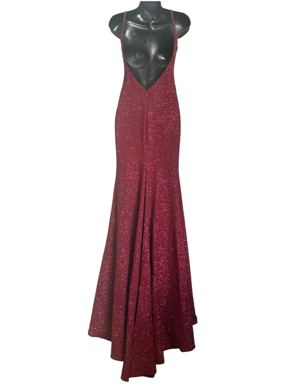 Jovani Size 2 Elegant Burgundy Glitter Slip Dress with High Thigh Slit - Image 2