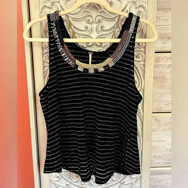 Free People Aztec Louie Beaded sequin Tank Black Striped Split Back Boho glam M - Image 7