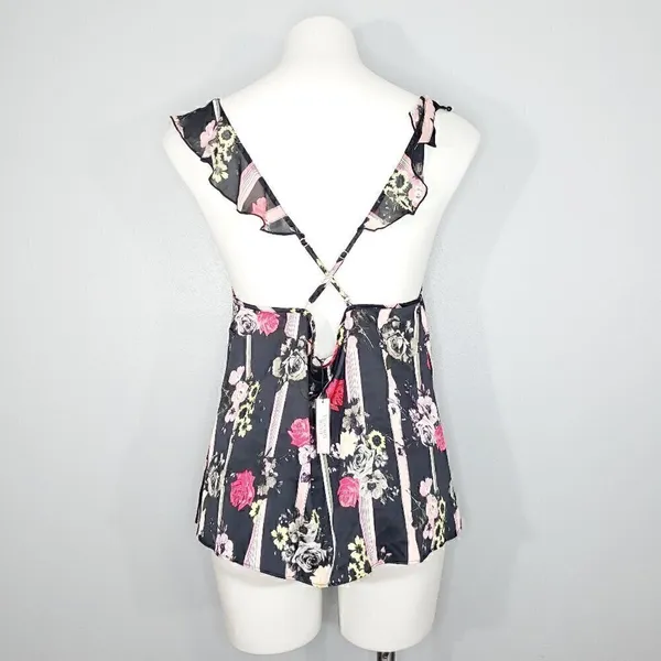 Victoria's Secret Floral Stripe Ruffle Cami Tie Front Satin Camisole Lingerie L - Image 3