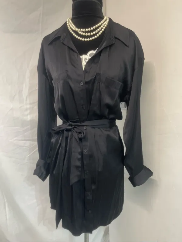Abercrombie & Fitch Black Satin Button-Front Long Sleeve Shirt Dress w/Tie Belt - Image 3