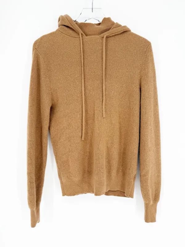 Theory Ribbed Mock Neck Hooded Wool Blend‎ Sweater Women's S Tan Quiet Luxury - Image 3